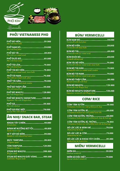 Menu gian hàng Phở Kim 